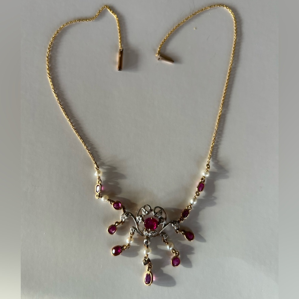 Rare Antique Edwardian 1900s Natural Ruby Diamond Pearl Platinum Gold Necklace